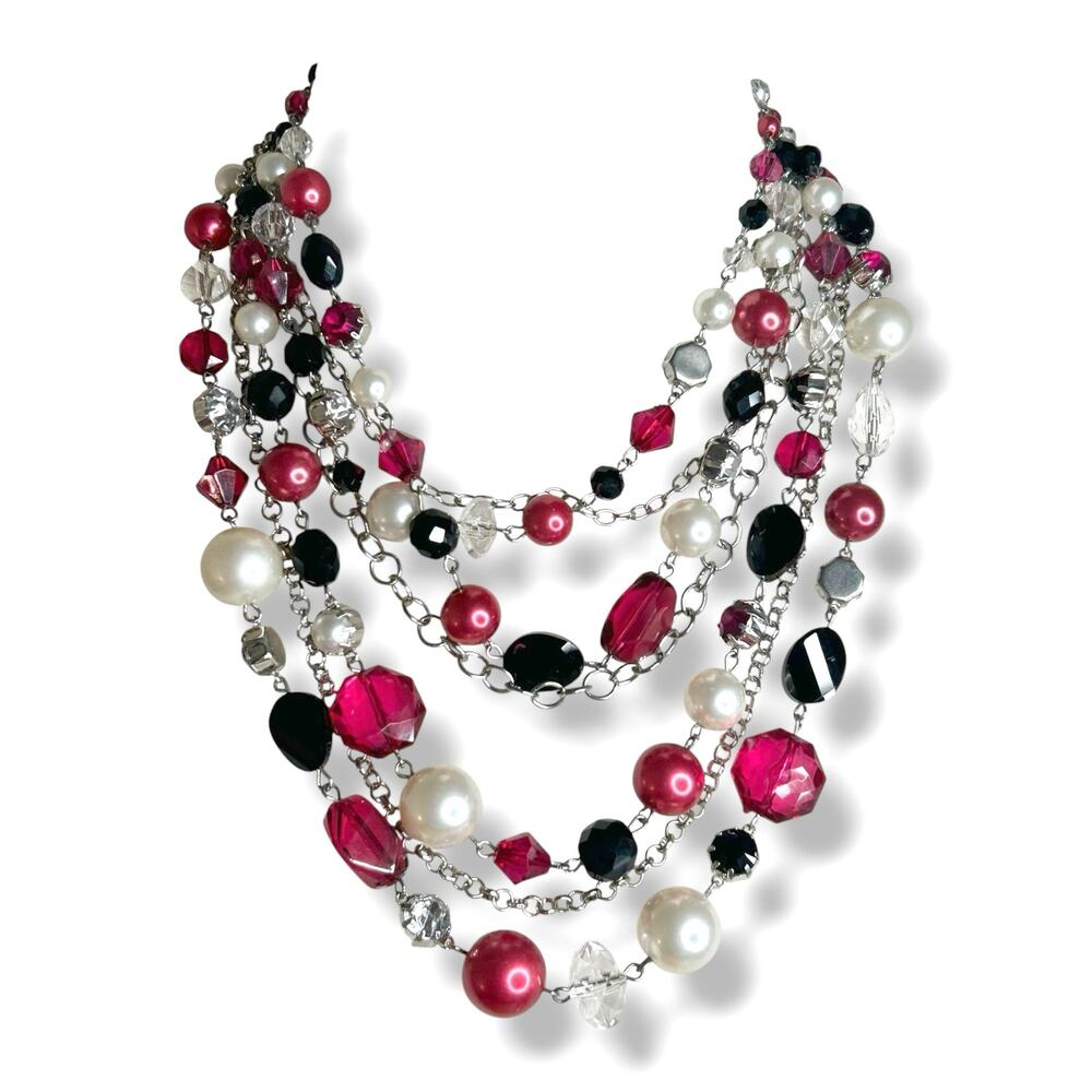 WHBM Layered Bib Statement Necklace Dark Pink White Black Clear Silver Beaded